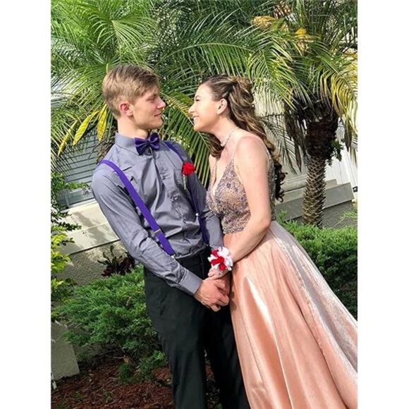 Men's 4 Clips X-Back Solid Suspenders Pre Tied Bow Tie Set Elastic Adjustable - Picture 4 of 7